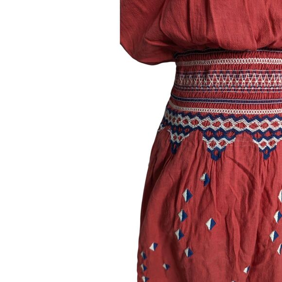 The Great Size Small Red Embroidered Smocked Waist Dress Sleeveless Geometric - Picture 3 of 8